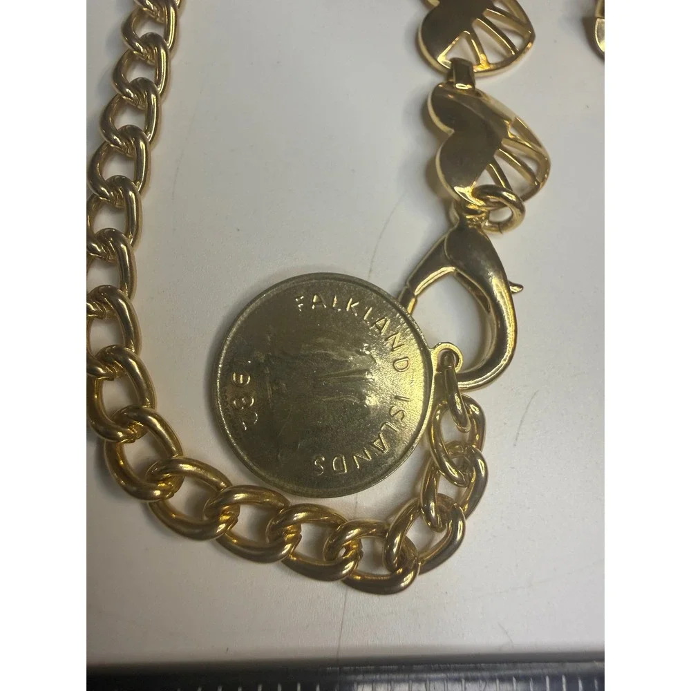 Gold Heart Link Chain Belt Falkland Islands 1982 Coin Charm Adjustable 41 inch